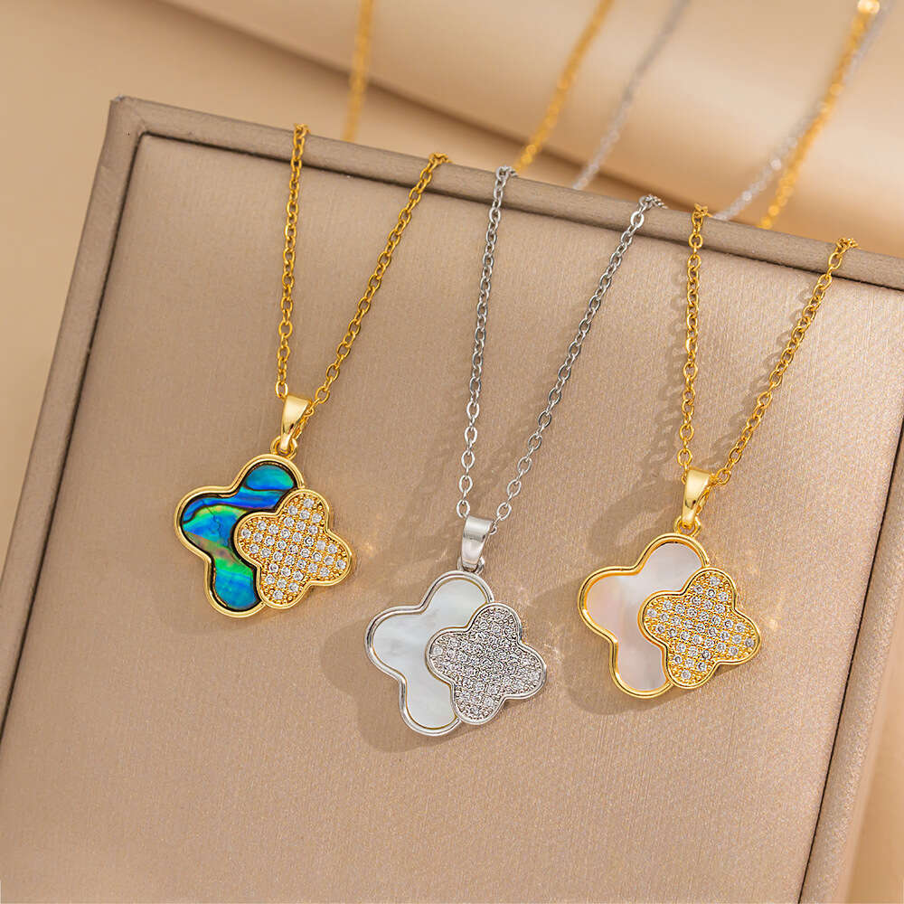 New Luxury Jewelry Designer Necklace for women Double four leaf Clover necklace Full Diamond moissanite chain Gold Silver Zircon Flower High end Neckl