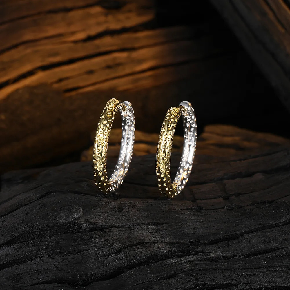 Stamp 925 Sterling Silver Round Hoop Earrings Contrast Color Uneven Geometric Piercing Ear Buckle Fine Jewelry 250708