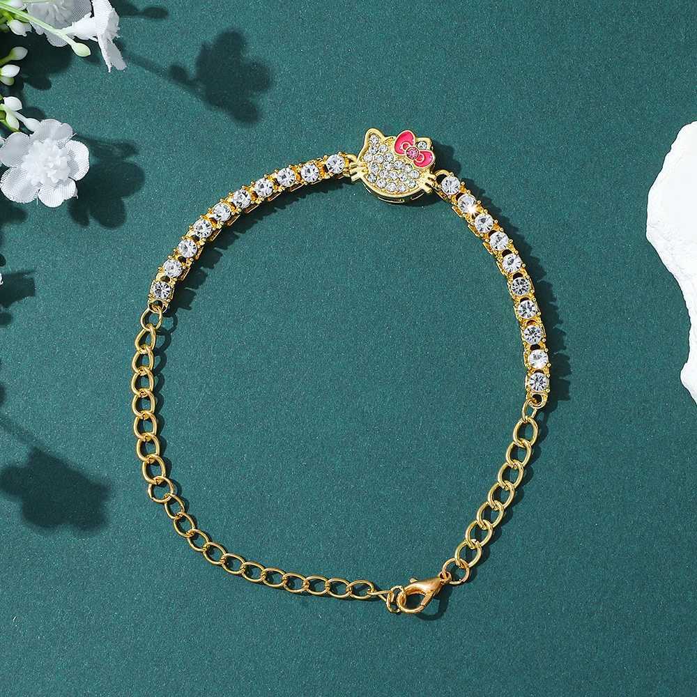 Sanrio Gold Plated Sanrio KT Cat Bracelet for Women Adjustable Full of Rhinestones Trendy Square Zircon Jewelry Accessory w250716