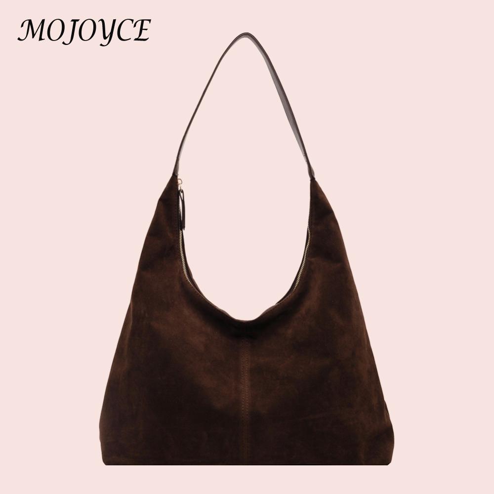 Women Suede Shoulder Bag with Zipper Hobo Bag Large Capacity Handbag Solid Slouchy Bag Commuter Travel Bag