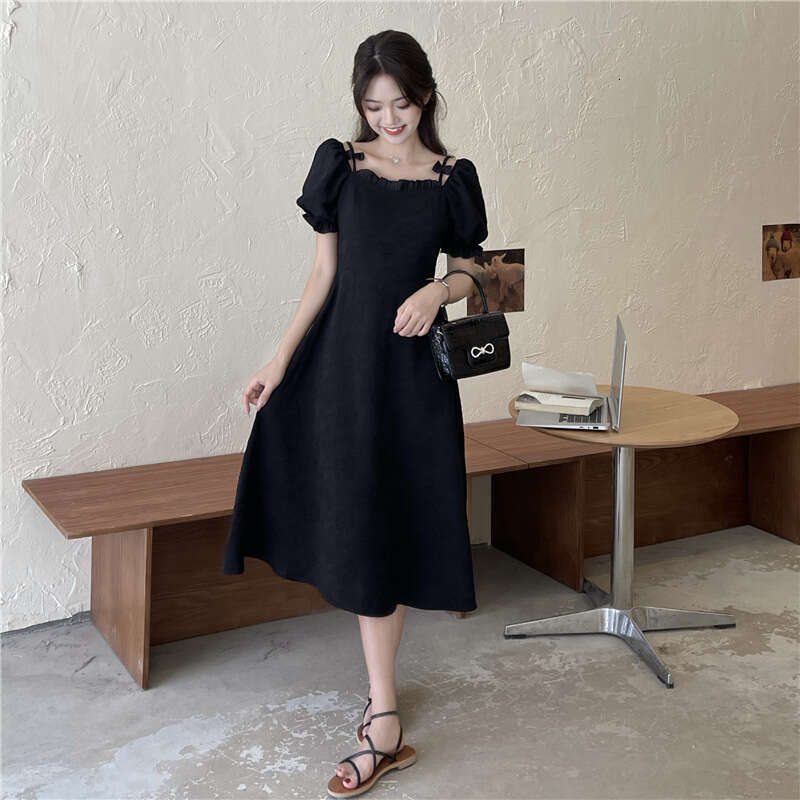 Plus Size Puff Sleeve Women's Fashion Summer New French Style Little Black Petite Short Dress B5
