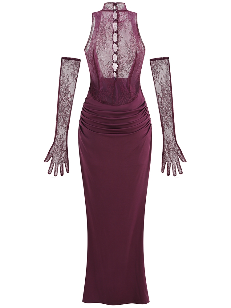 Sexy Turtleneck Lace Patchwork Flods Long Dress With Gloves Women Sleeveless Backless Pleated Dresses Evening Party Cocktail