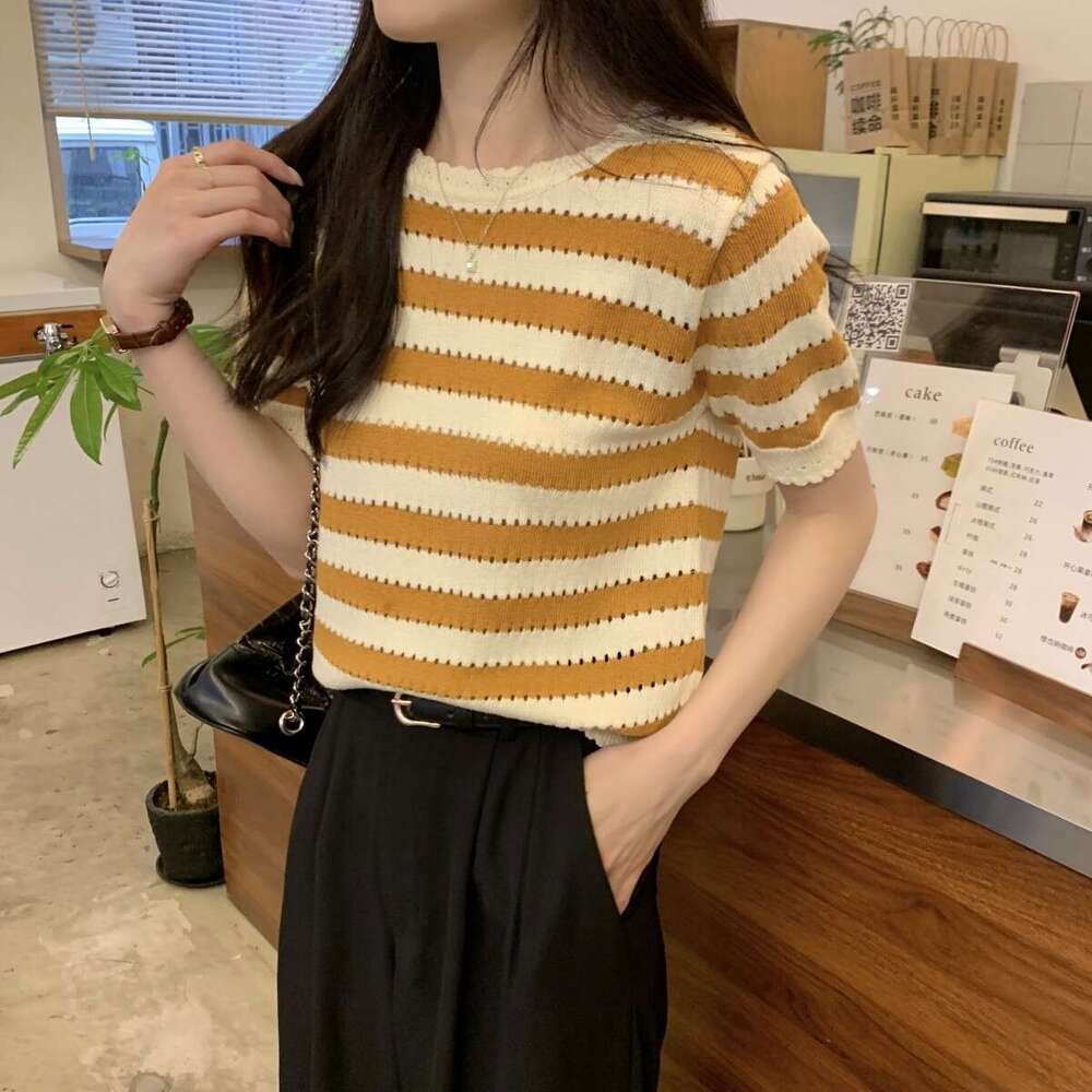 Korean Style Black And White Striped Hollow Design Elegant Versatile Short Sleeve Knitted For Women Summer High-End Feel Women's Top B5