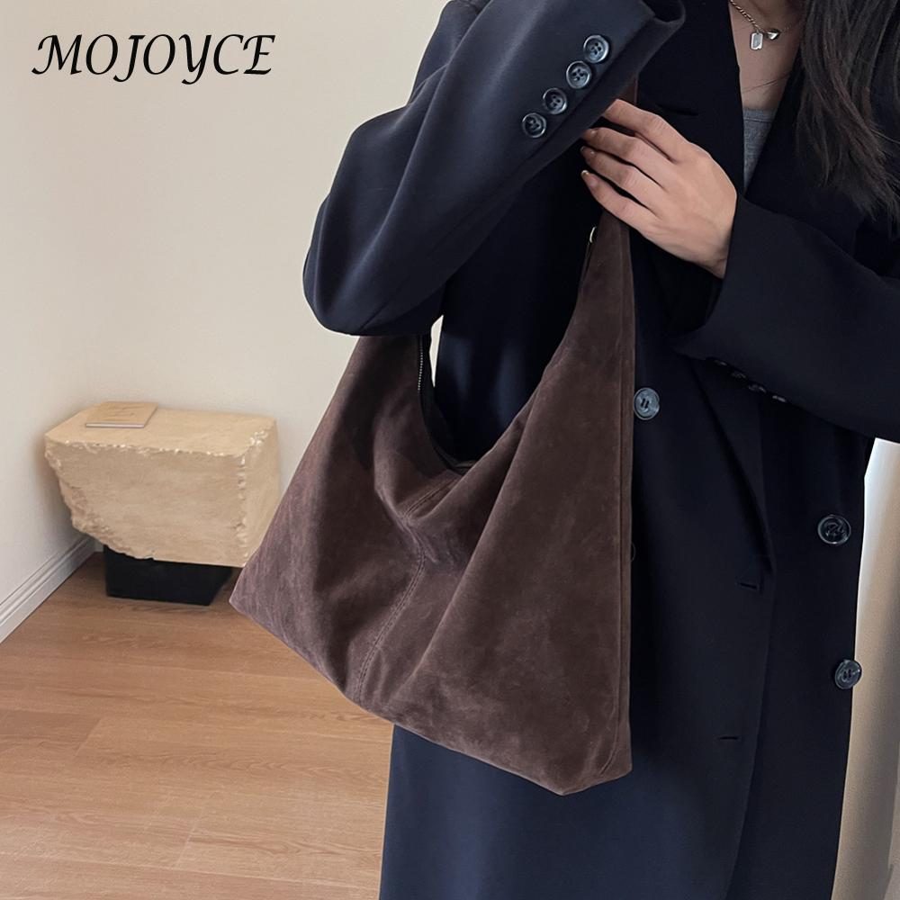Women Suede Shoulder Bag with Zipper Hobo Bag Large Capacity Handbag Solid Slouchy Bag Commuter Travel Bag