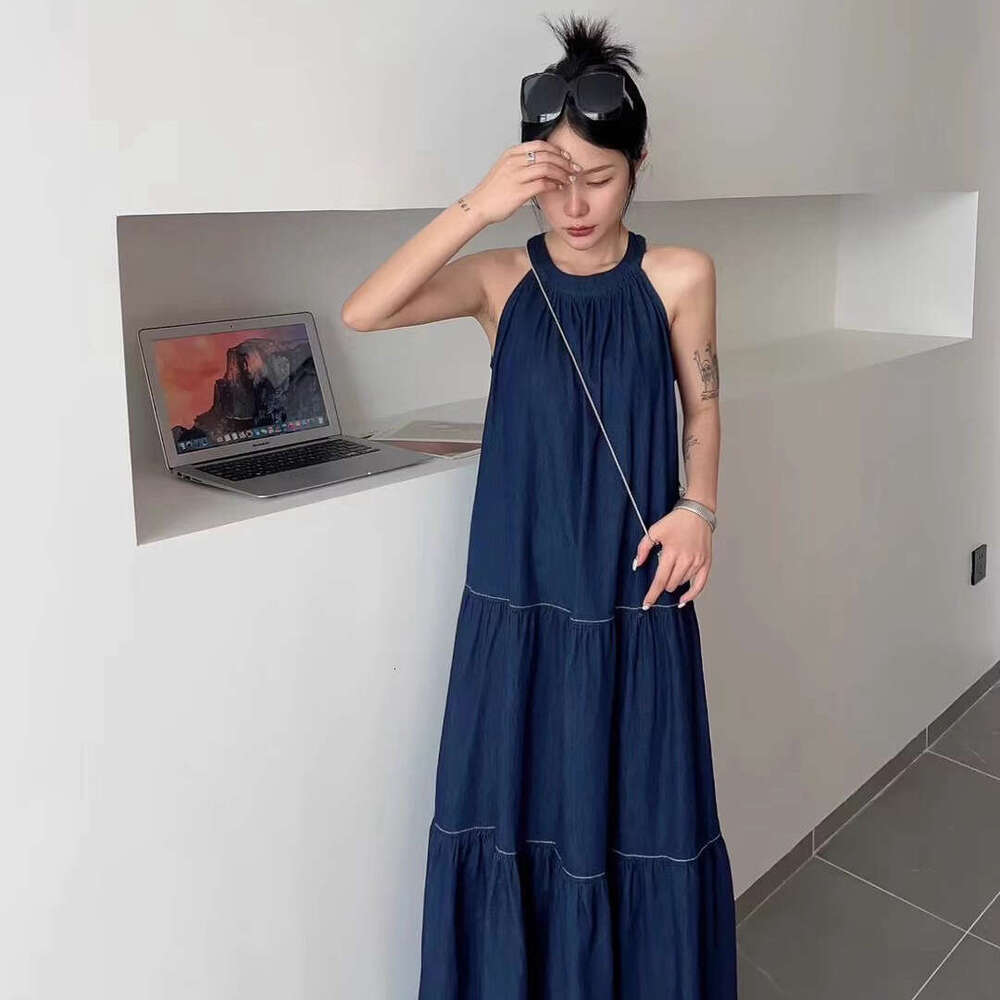 French Style Blue Halter Summer Plus Size Loose Fit For Chubby Women, Travel Beach Vacation Elegant Long Dress B5