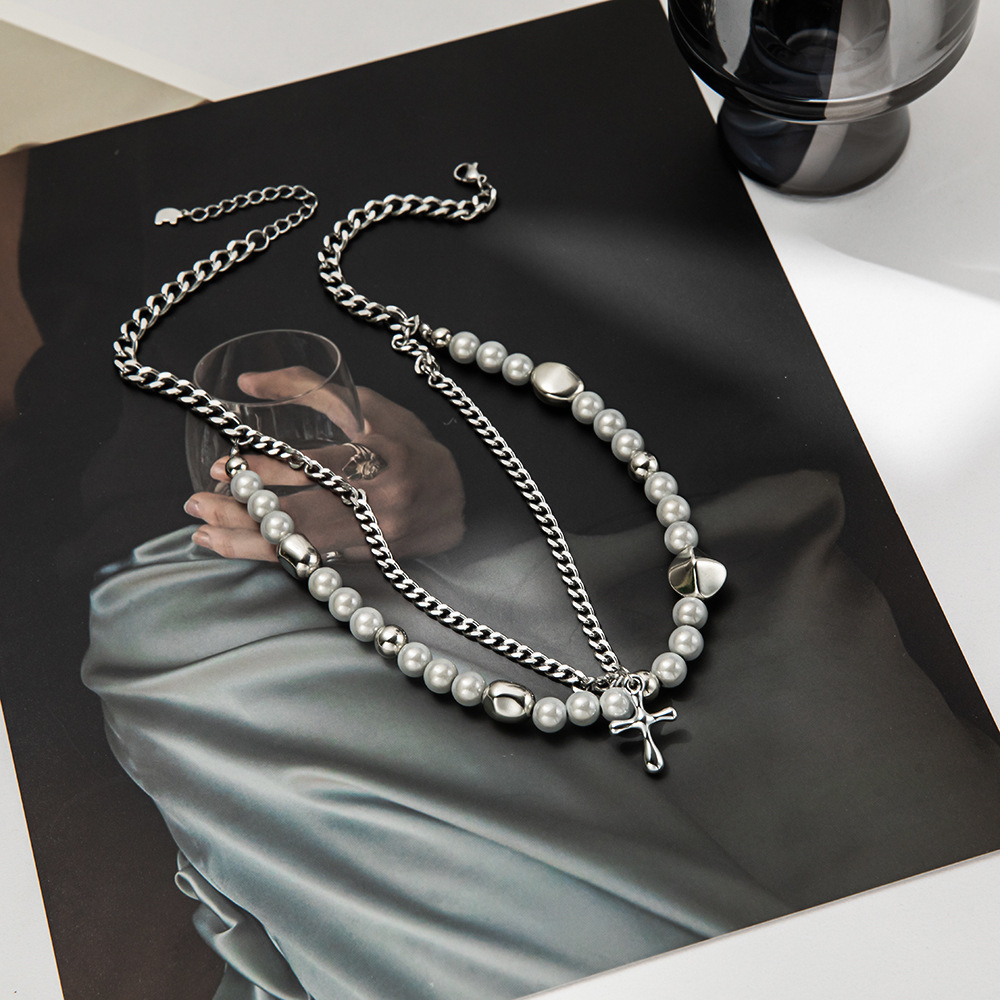 Luxury Jewelry Designer Jewelry Korean Style Unisex Hip-hop Minimalist Titanium Steel Necklace Niche Design Double Layer Stacked Pearl Sweater Chain