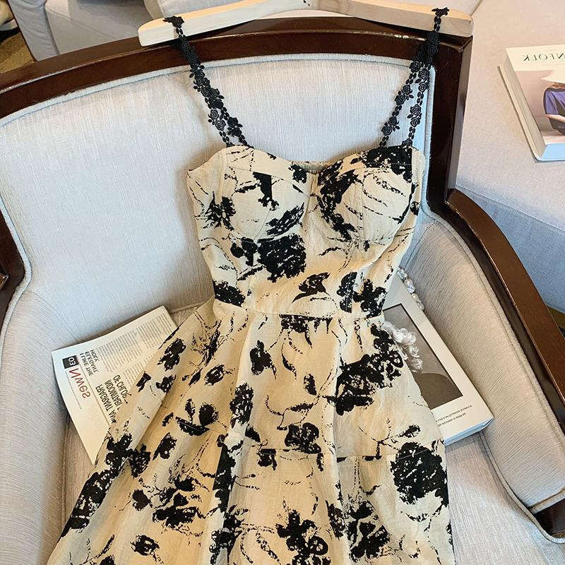 Plus Size Fat MM Hepburn Style Floral For Women Summer High-End Sense Elegant Long French Tea Break Strap Dress B5