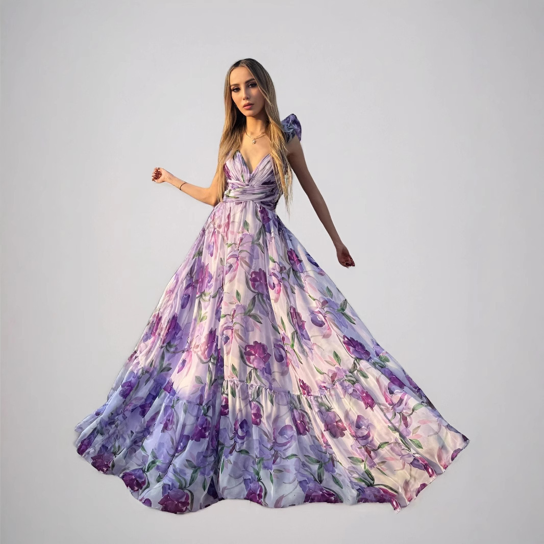 2025 Summer Chiffon Dress with Ruffled Edges and Floral Print INS Vacation Style Pleated Slimming Women's Clothing ddmysept