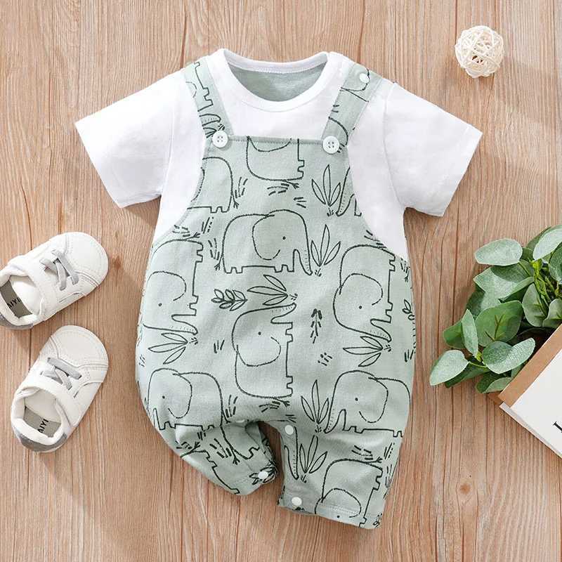 Summer Newborn Boys And Girls Cute Strap Elephant Print Cotton Comfortable Short Sleeve Bodysuit XJ250712