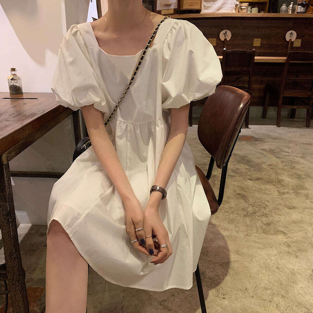 Summer Korean Version Sweet Loose Puff Sleeve Square Neck Style Slimming Petite French Dress B5