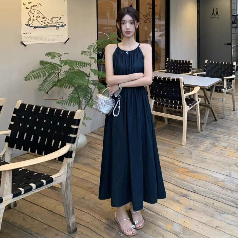 Blue Off-Shoulder Vacation Style New Design Waist-Cinching Slimming Sleeveless Halter Neck Long Dress For Women Summer B5