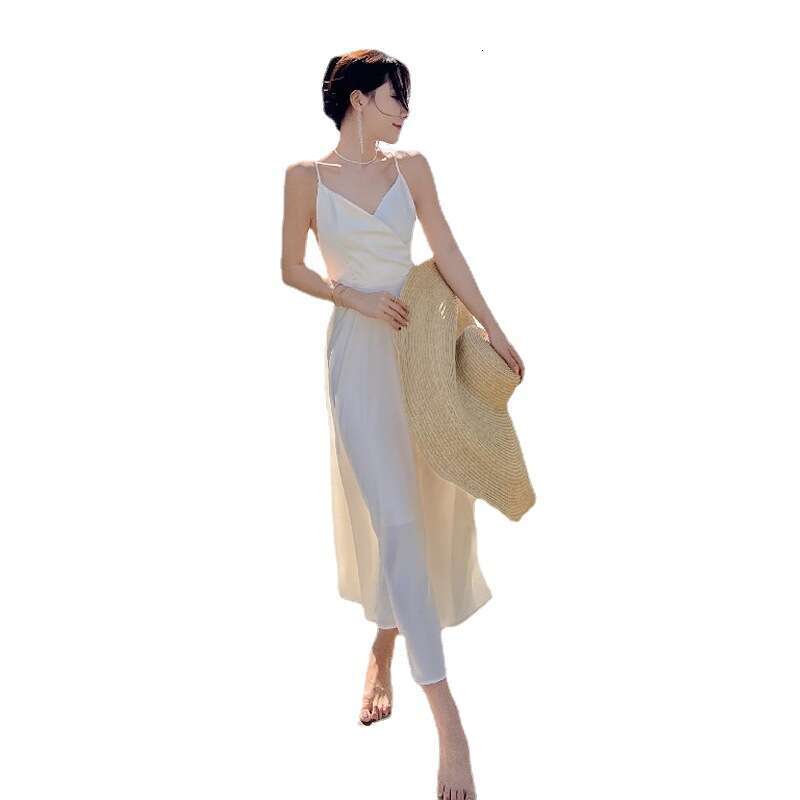 White Spaghetti Strap Sexy V-Neck Backless Waist-Cinching Slimming Vacation Photo Shoot Super Fairy Beach Dress B5