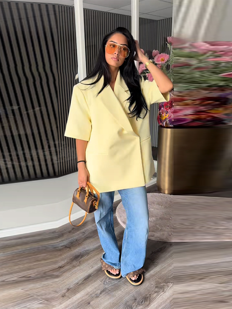 Elegant Yellow Lapel Blazers Coats Women Loose Short Sleeve One Button Side Split Suit Jackets 2025 Summer Lady Office Outwear