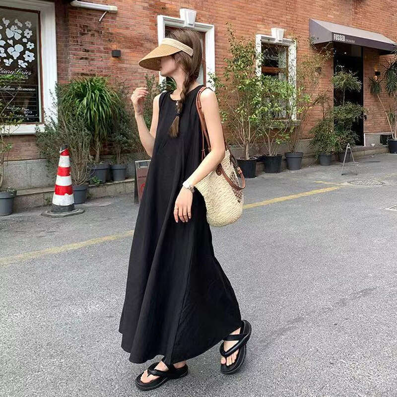 Black Sleeveless Petite Summer New Korean Style Loose Slimming Fashionable Age-Reducing Dress For Women B5