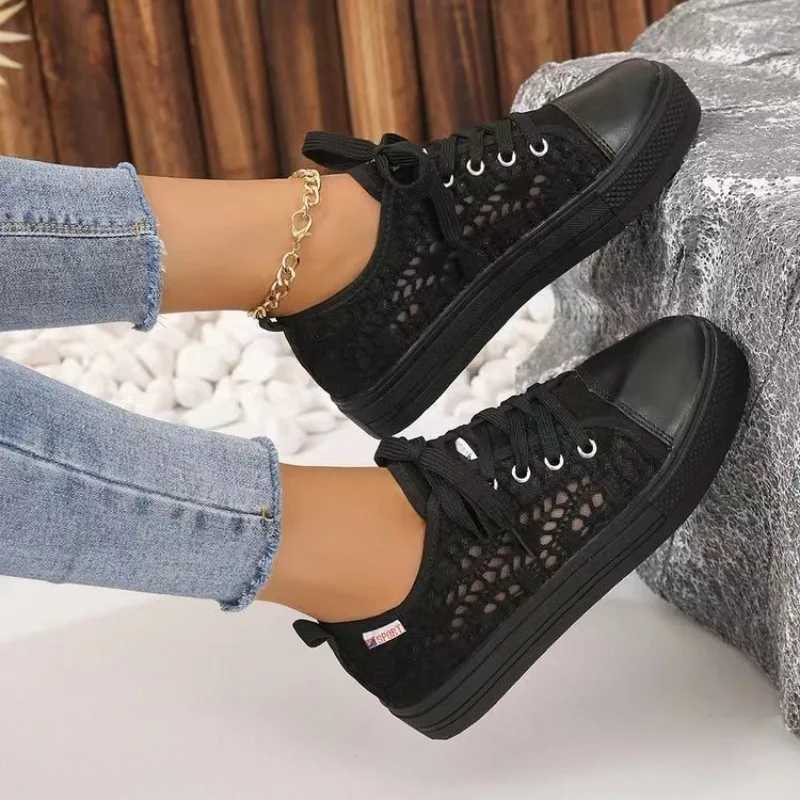 2024 Women Shoes Fi Summer Casual White Shoes Cutouts Lace Canvas Hollow Breathable Platform Flat Shoes Women Sneakers XJ250712