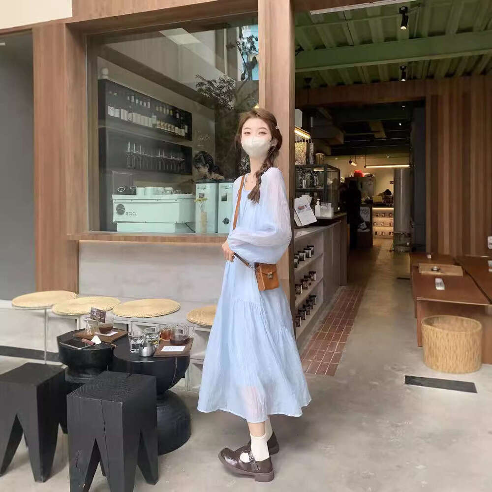 Lazy Style French Elegant Sleeve For Women New Spring And Autumn Design Sense Pleated Loose A-Line Long Dress B5