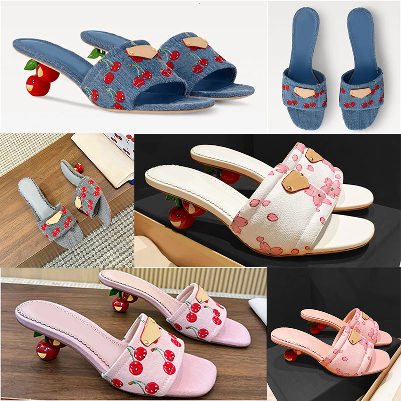 Designer Shoes Women Cherry Heels Lily Flat Mule Sandal Cherry Blossom Slippers Murakami Sandale Flower Slides Outdoor High Heel 879