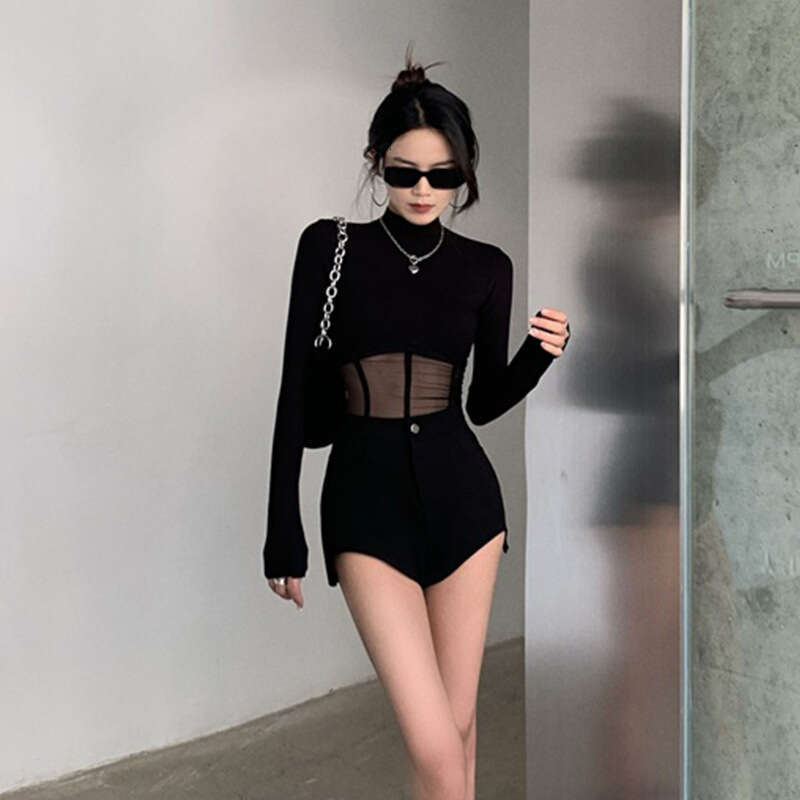 Korean Style Spicy Girl Mesh T-Shirt For Women, Spring And Summer New Black Long Sleeve Half High Collar Base Shirt, Short Inner Top B5