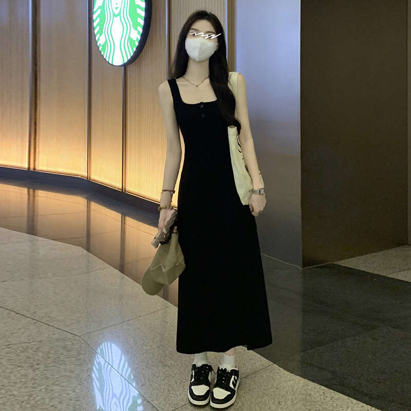 Black Strap Spring Summer For Plus Size Women Slimming Base Layer Pure Desire High-End A-Line Long Dress B5