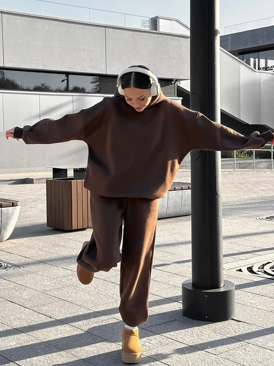 Wolfeel Solid Color Hoodies Pants 2-Pieces Sets Winter Thicken Fleece Womens Sweatshirt Oversized Fashion Warm Pullovers Sets 250709