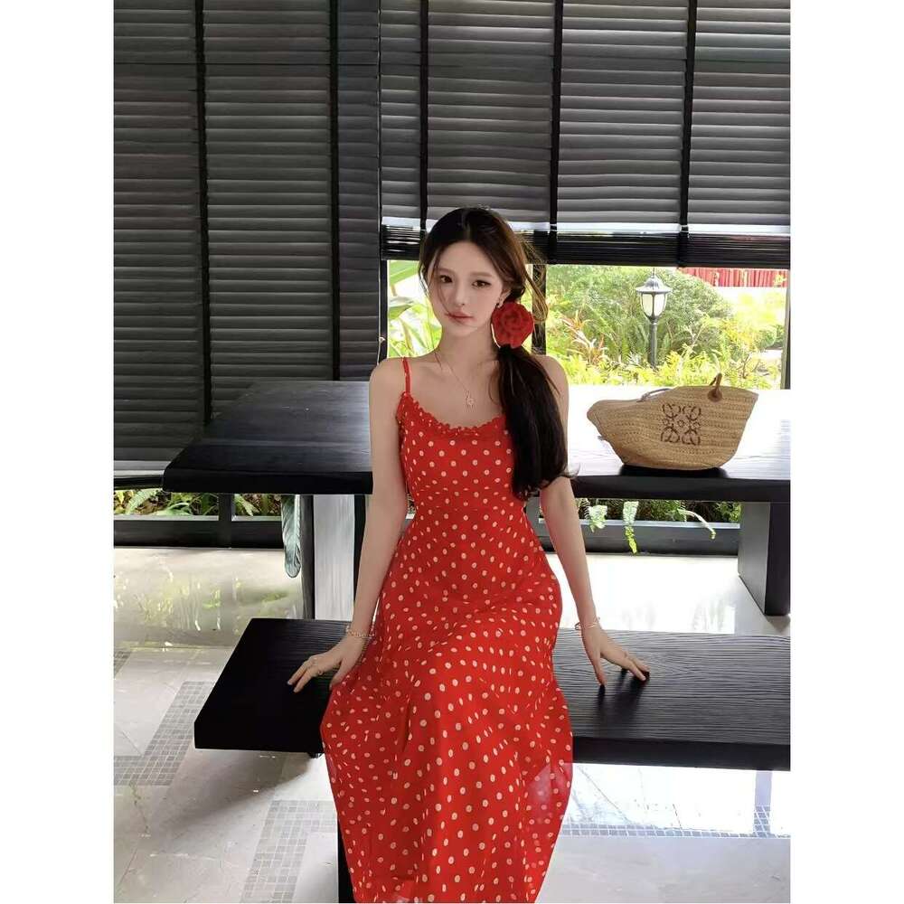 Summer Trend Slim Fit Strap Design Waist Slimming Vacation Long Dress Women's Fashion B5