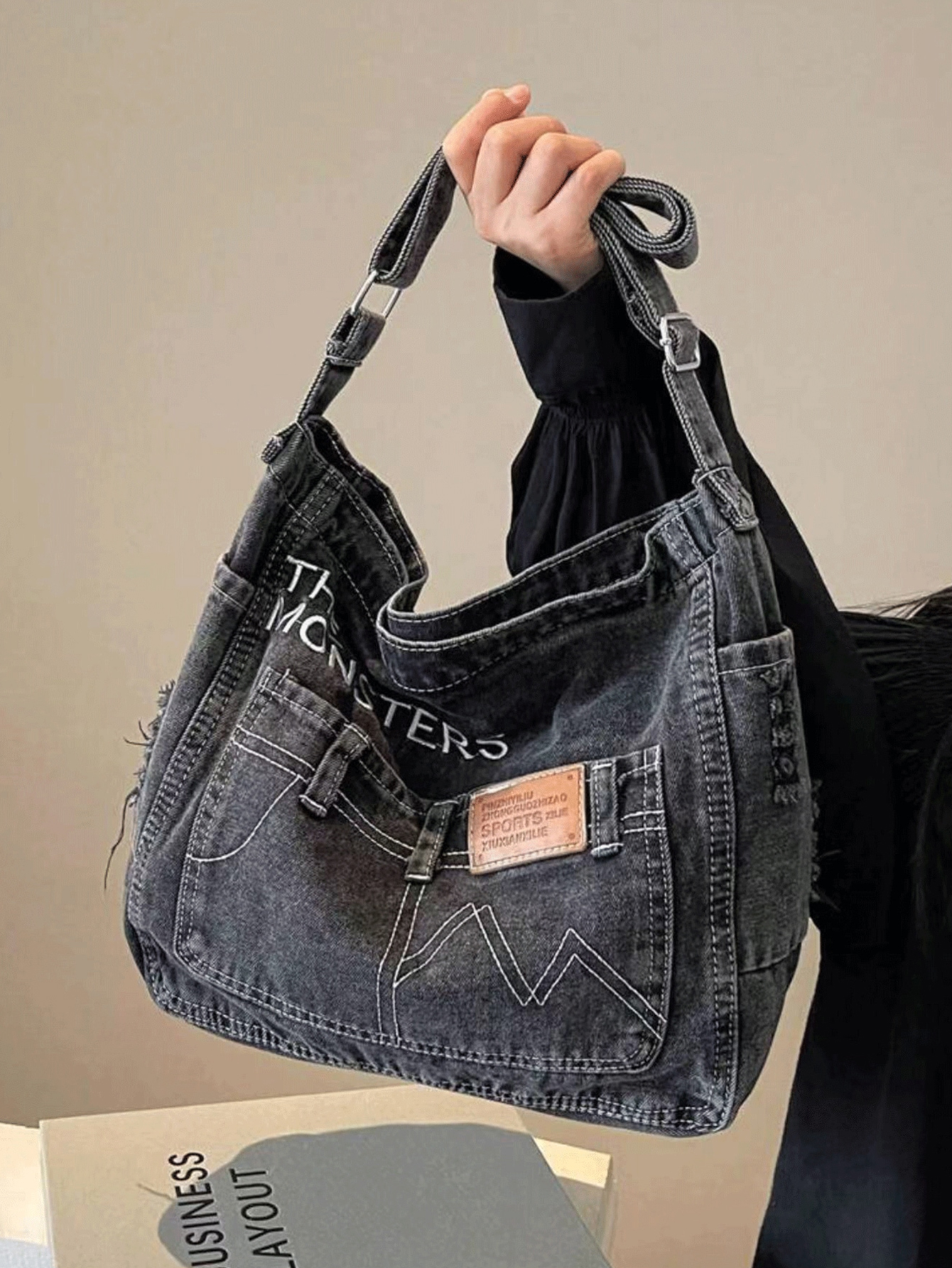 Vintage Denim Shoulder Bag with Adjustable Strap & Multiple Pockets, Distressed Jeans-Style Stitching and Metal Buckles for Casu
