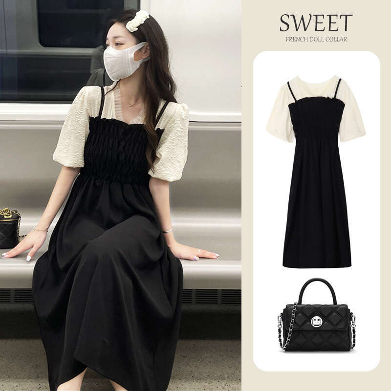 Fake Two-Piece Waist-Cinching Black Summer New V-Neck Elegant Design Mid-Length Women's Dress B5