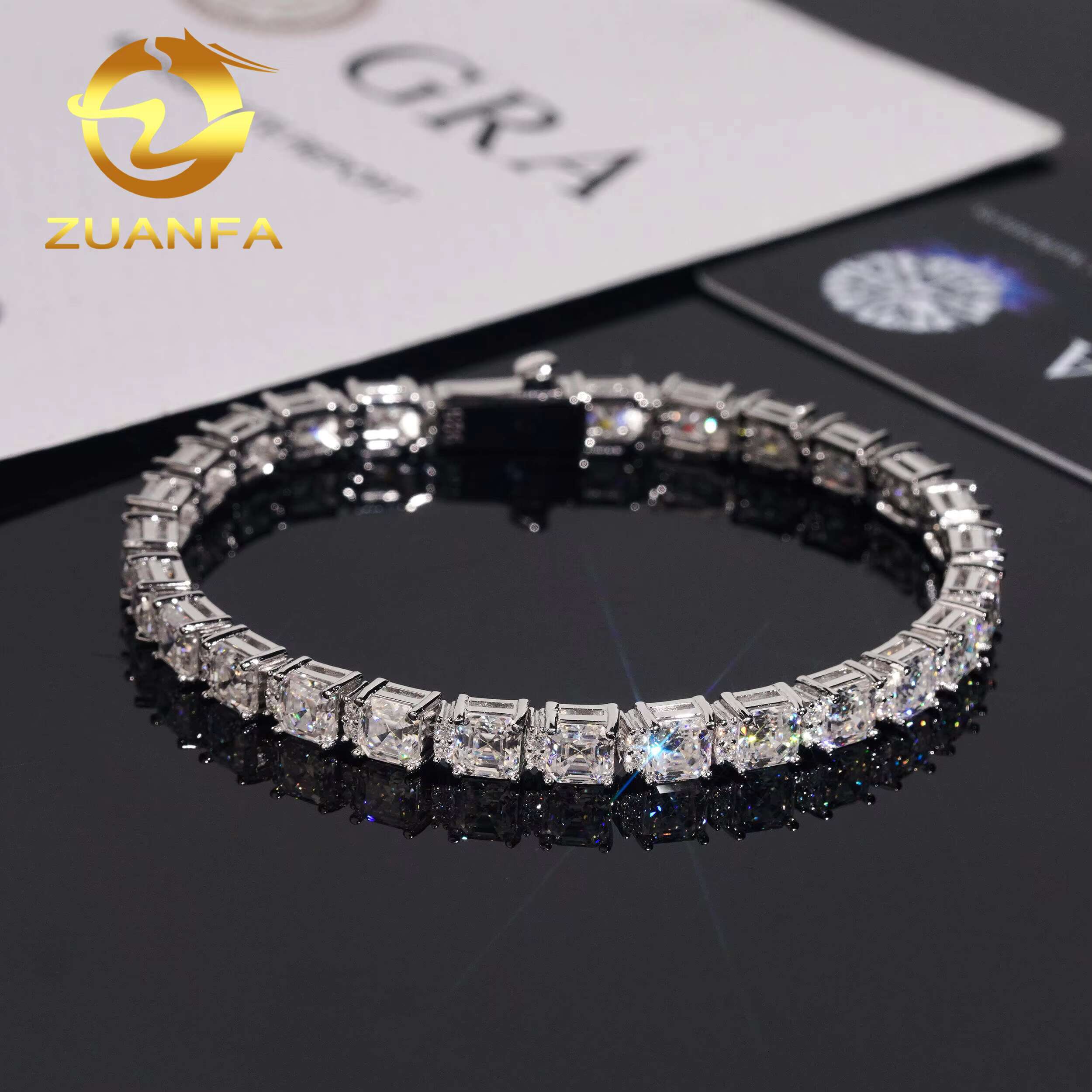 Hip Hop Moissanite Jewelry 5*5mm Asscher Cut Iced Out Bracelet Women Men 925 Silver Diamond Tennis Bracelet Pass Diamond Tester