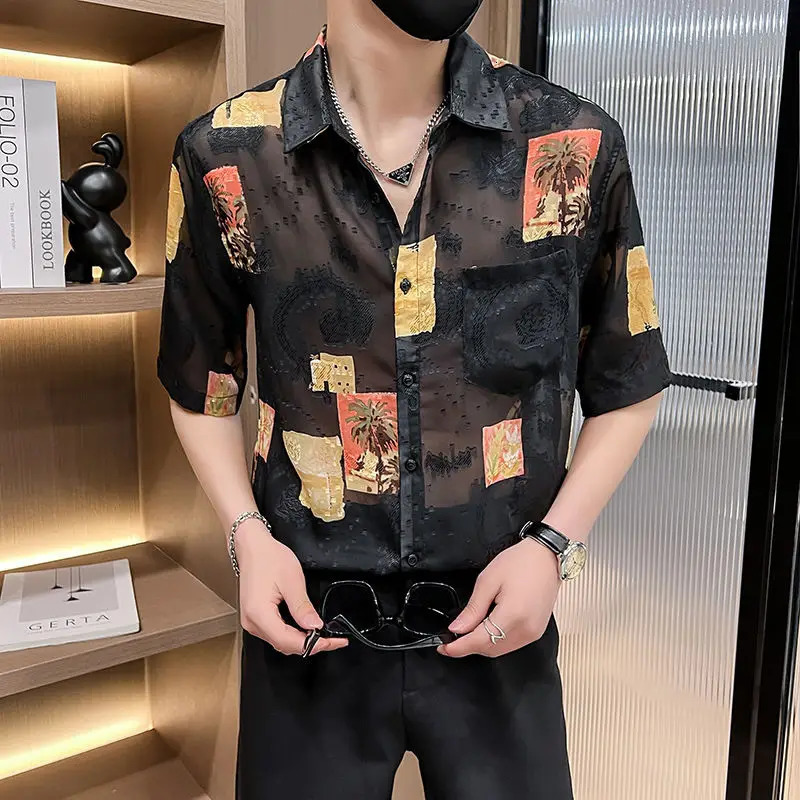 Hairdressers Five-point Sleeve Floral Shirt for Men Loose Jacquard and Breathable Ice Silk Top 250707