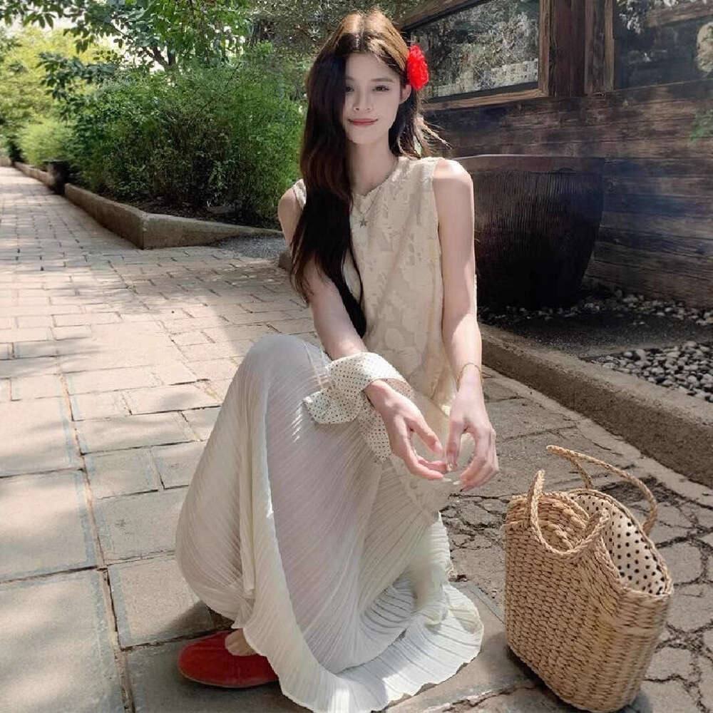 Summer New French Vacation Style Lace Embroidered Mid-Length Sleeveless Tank Dress Women's Chic B5