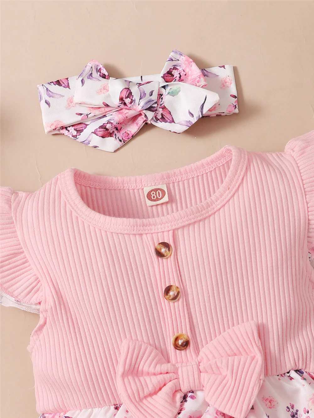 0-18 Months Baby Girl Floral Romper Dress Fly Sleeve Summer Ribbed Jumpsuit with Headband Newborn Baby Girl 2PCS Outfit XJ250712