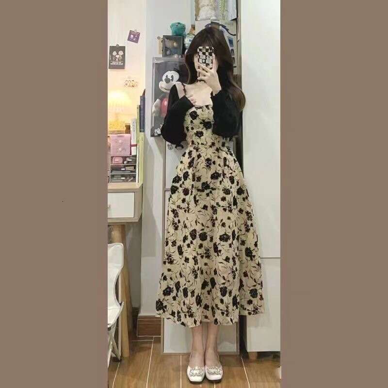 Plus Size Fat MM Hepburn Style Floral For Women Summer High-End Sense Elegant Long French Tea Break Strap Dress B5