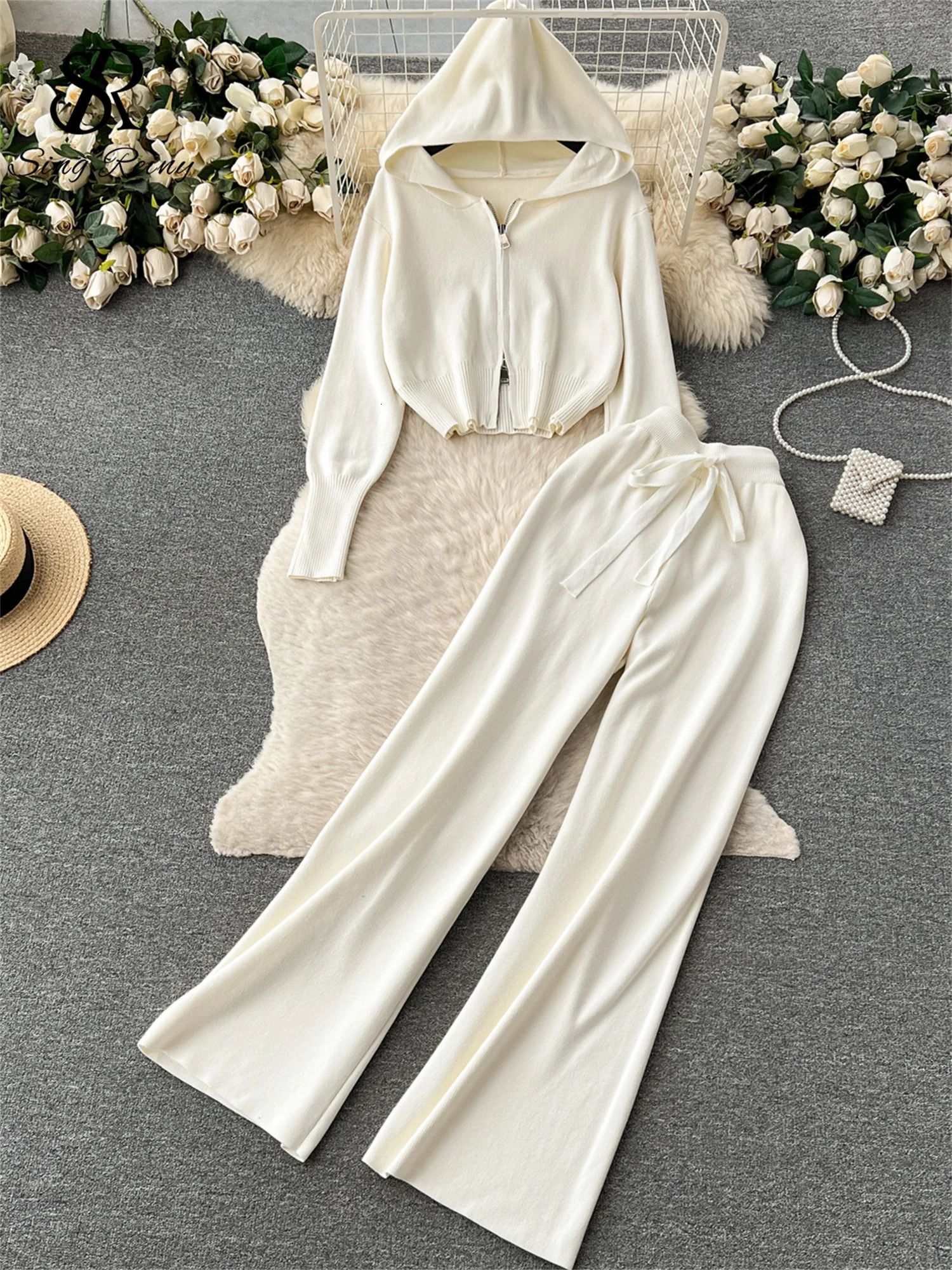 SINGREINY Fashion Casual Sports Knitted Suits Zipper HoodieElastic Waist Drawstring Wide Legs Long Pants Winter Two Pieces Sets 250709