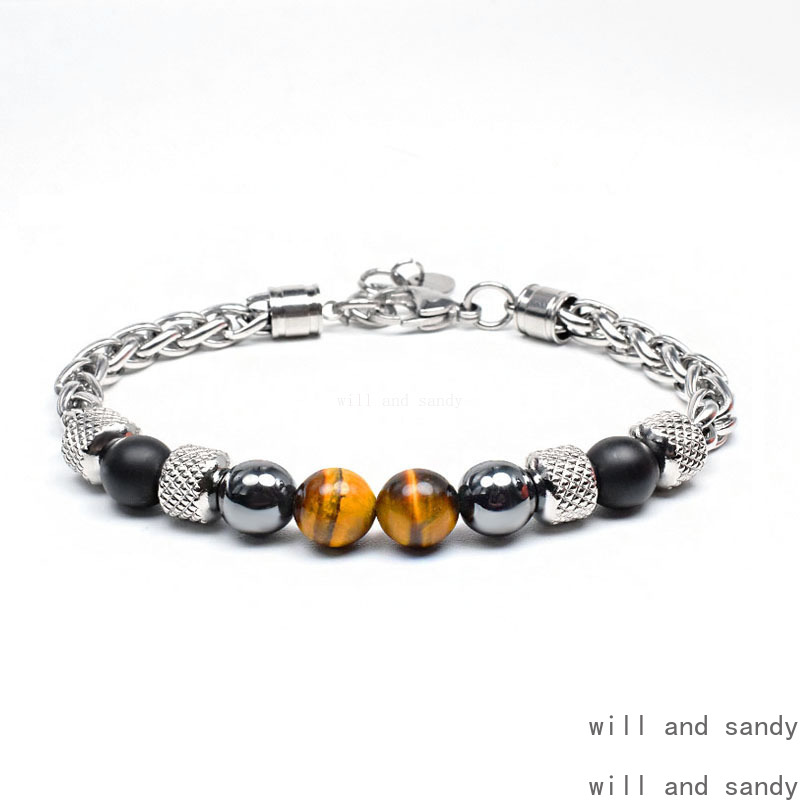 Natural Stone Beaded Strand Bracelets Charm Stainless Steel Chain Designer Jewelry Bracelet Wristband for Men Women Hip Hop Fashion Jewelry Father Bir