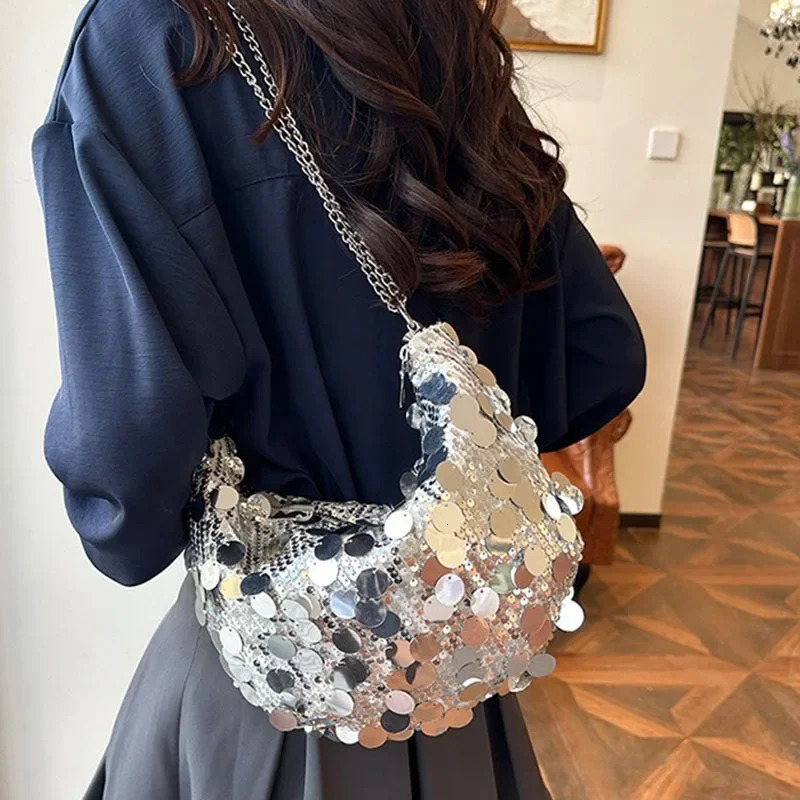 Korean Chain Sequins Crossbody Bag Evening Clutch Dinner Party Wedding Purses Handbag Female Underarm Shoulder 250703