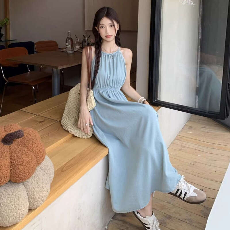 Blue Off-Shoulder Vacation Style New Design Waist-Cinching Slimming Sleeveless Halter Neck Long Dress For Women Summer B5