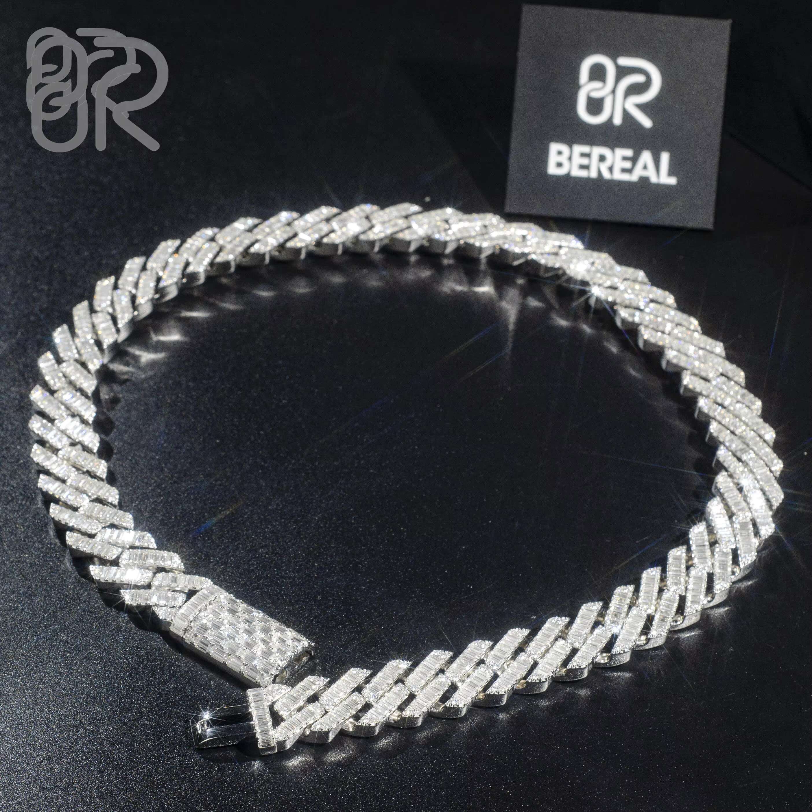 18mm 18 VVS Moissanite Cuban Link Chain Necklace Custom Baguette Straight Line Iced Out 925 Silver Hip Hop Jewelry