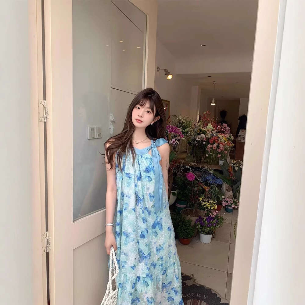 Sleeveless Blue Butterfly Beach Seaside Vacation Style Petite Mid-Length Thin Strap Floral Dress For Women B5