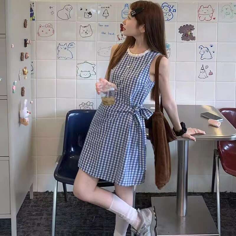 French Blue Plaid Vest For Women Summer New Small Petite Elegant Waist-Cinching A-Line Short Dress B5