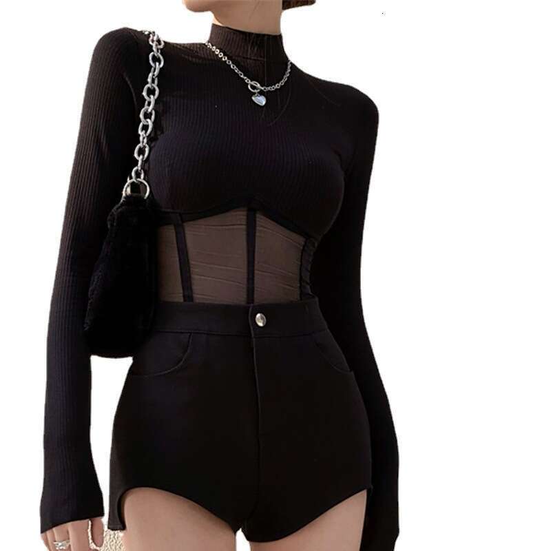 Korean Style Spicy Girl Mesh T-Shirt For Women, Spring And Summer New Black Long Sleeve Half High Collar Base Shirt, Short Inner Top B5
