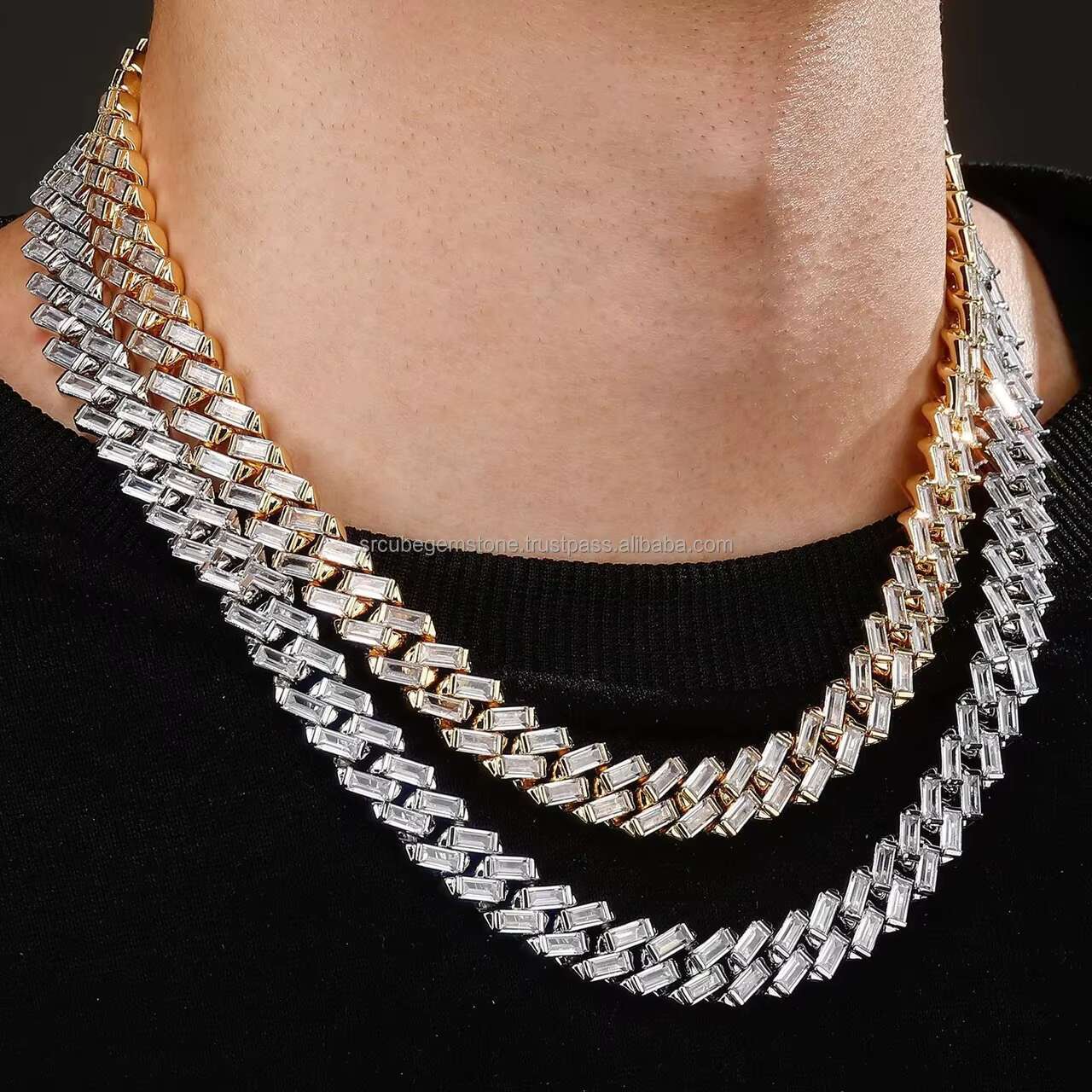 Factory Price 12mm Luxury Cuban Link Chain Hip Hop Jewelry Vvs Moissanite Baguette Cuban Link Iced Out Moissanite Necklace