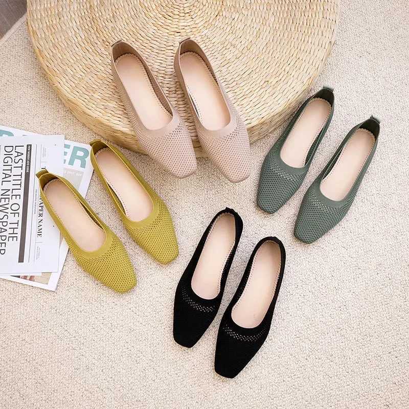 Women Solid Mesh Casual Shoes Summer Breathable Square Toe Hollow Fly Weaving Comfortable Light Soft Walkers Flats Womens Shoes XJ250712