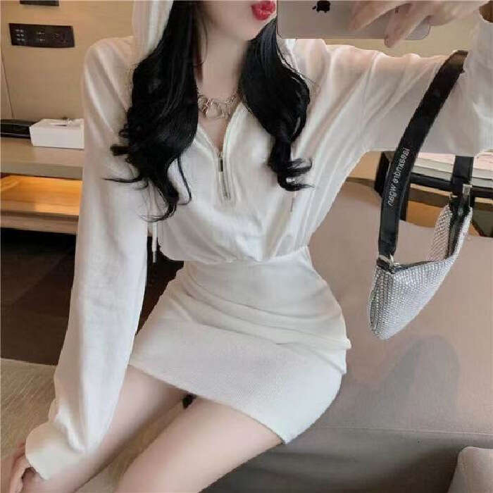 Autumn Winter New Mature Style Waist Slimming Petite Dress Women Long Sleeve Hooded Base Sweatshirt B5