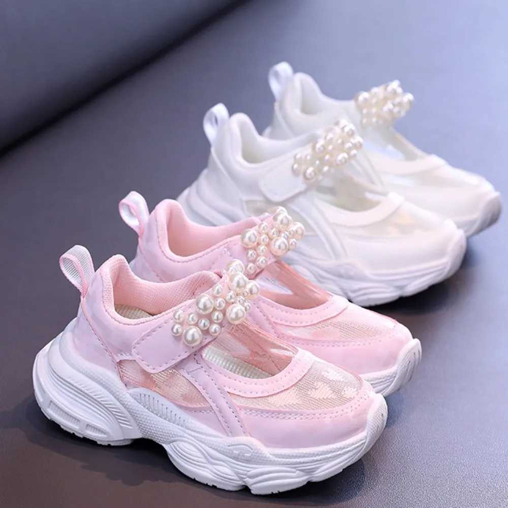 2025 Summer Girls Solid Color Mesh Hollow Sports Shoes New Childrens Mid to Large Pearl Solid Color Dad Shoes XJ250712