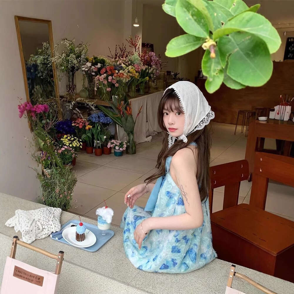 Sleeveless Blue Butterfly Beach Seaside Vacation Style Petite Mid-Length Thin Strap Floral Dress For Women B5