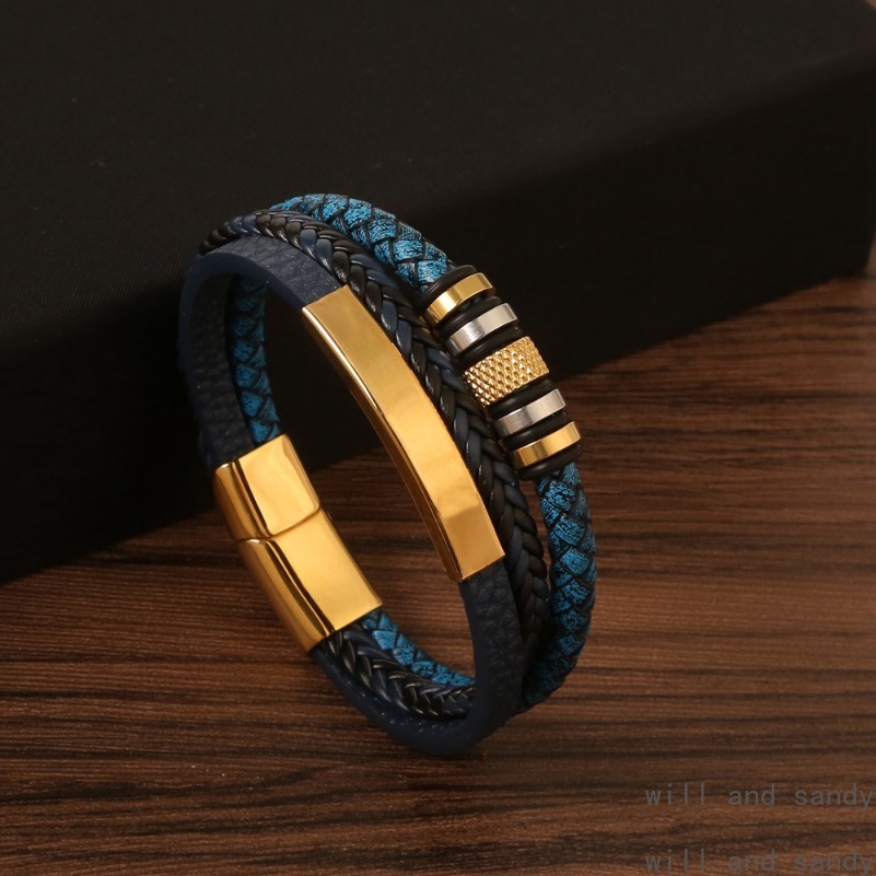 Stainless Steel Magnetic Buckle Bracelet Designer Jewelry 18k Gold Multilayer Braided Leather Stack Bracelets Bangle Cuff Wristband for Man Gift Fashi