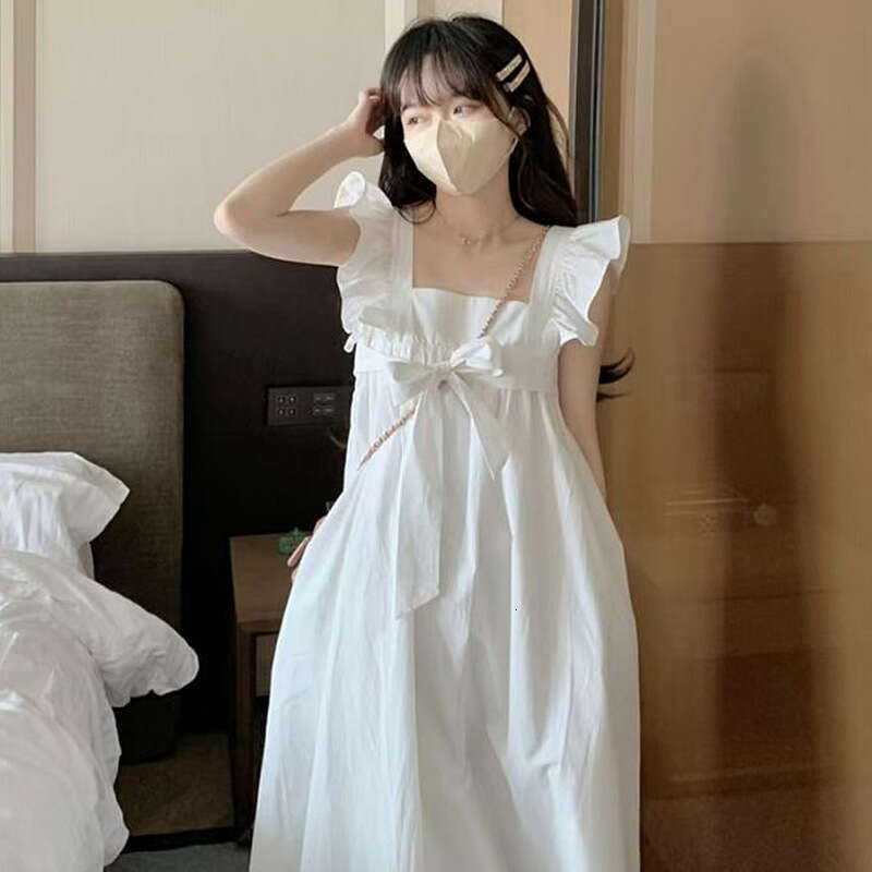 Gentle Style Lace-Up Bowknot For Women Summer Sweet Small Flutter Sleeves Elegant Waist-Cinching Slimming A-Line Long Dress B5