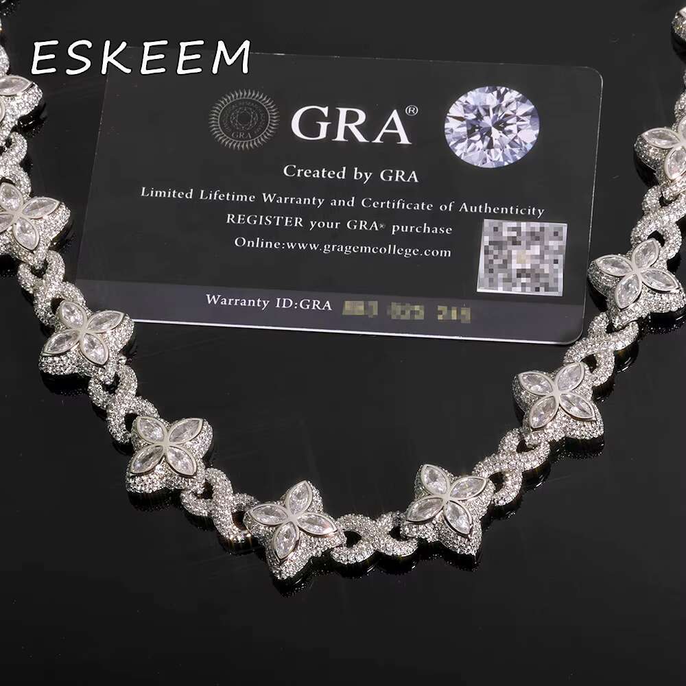 Luxury 925 Silver Chain Colored Moissanite Iced Out Cuban Link Necklace Four Leaf Clover Design Hip Hop Jewelry for Women