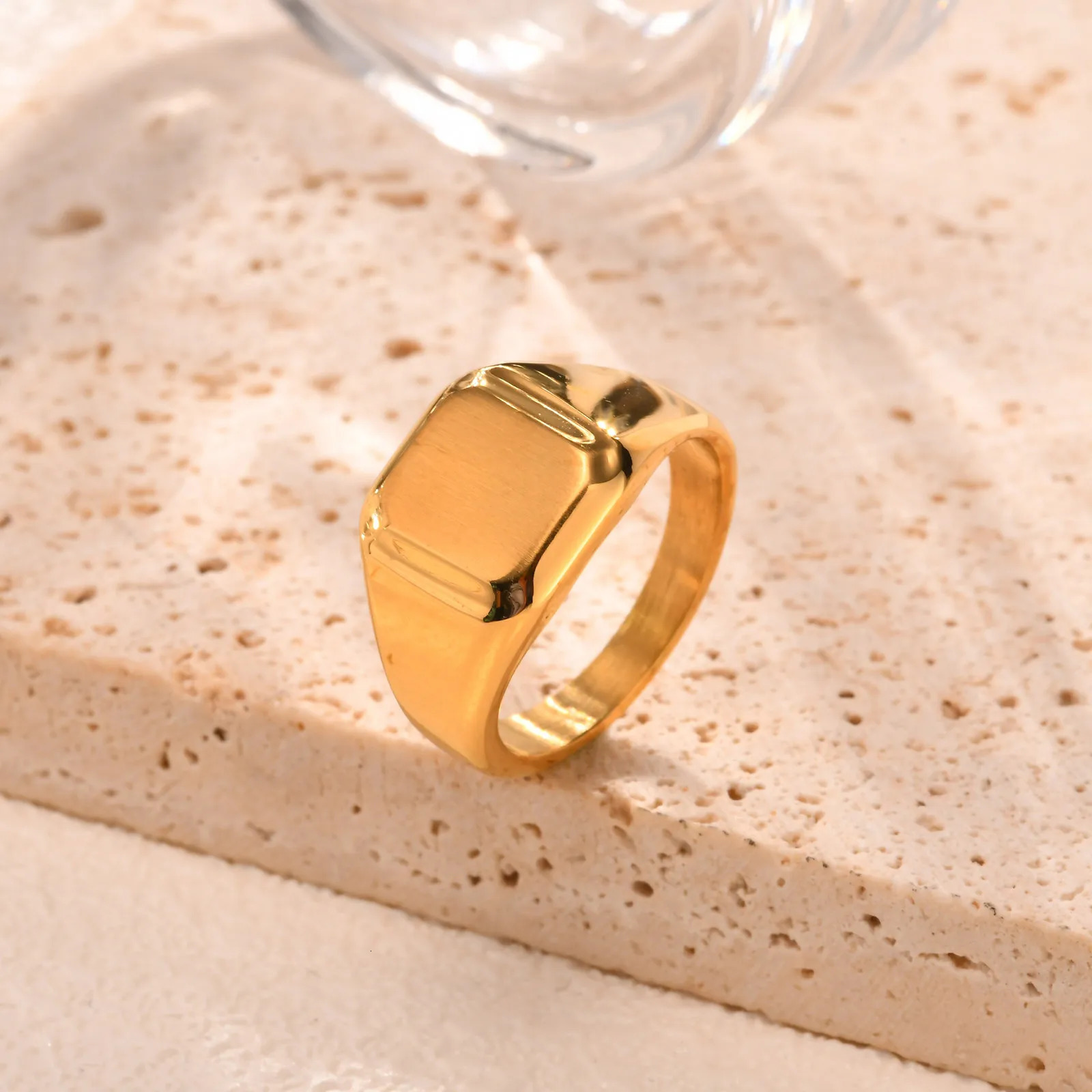 Square Signet Ring for Men WomenGold Color Stainless Steel Ring Plain Band RingStatement Chunky Ring Band Thumb Ring 250708