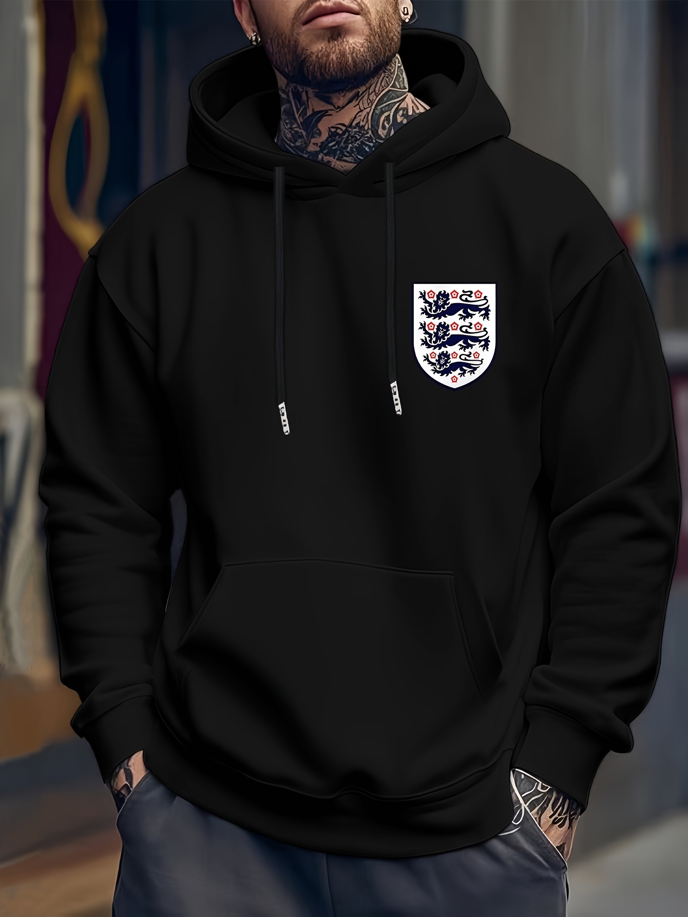 Men's Casual Hooded Sweatshirt with England Flag Print - Winter Pullover, Regular Fit Hoodie for Casual Attire, Sweater Hoodie